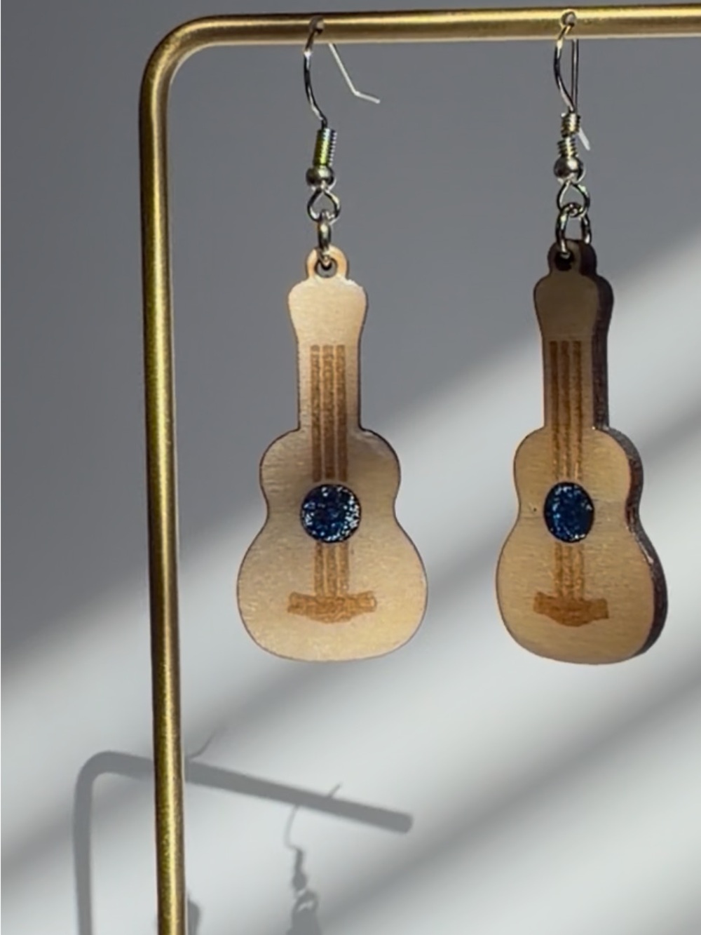 Guitar-Shaped Wood Earrings with Blue Accent
